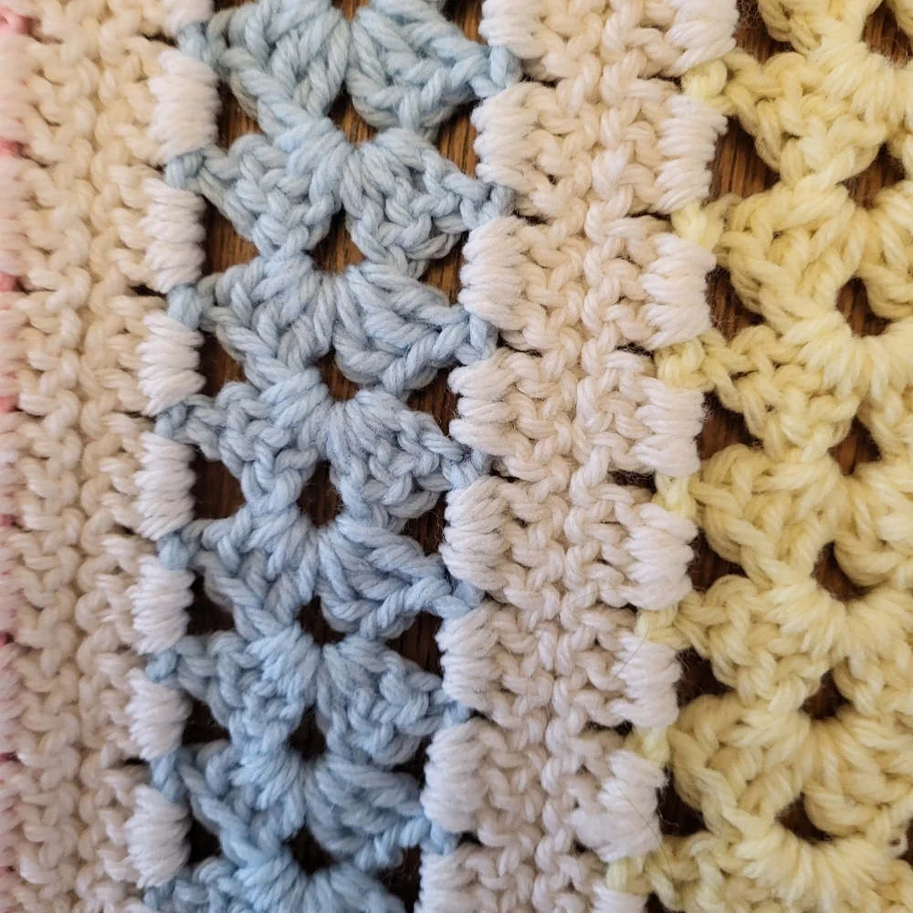 Vintage 70s Acrylic Pastel Hand Knit Baby Afghan 48